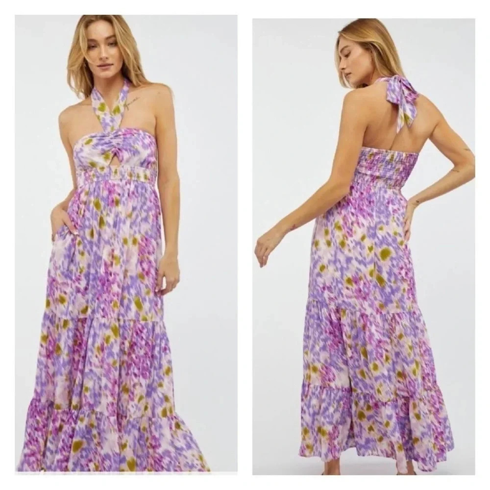 Halter Floral Ruffled Maxi Dress L
